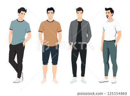 Trendy Men s Fashion Set. A modern collection of men in various stylish outfits, featuring casual, smart-casual, and business-casual looks. Trendy Men s Fashion Set. A modern collection of men in various stylish outfits, featuring casual, smart-casual, and business-casual looks. 125154869