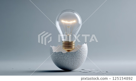 Symbolic Light Bulb Emerging From Cracked Egg Shell on Gray Background 125154892