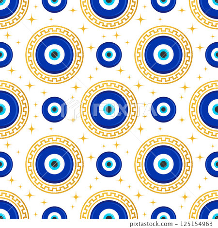 Evil eye seamless pattern. Turkish blue bead with golden meander. Greek vector magic background with ethnic nazar symbol of protection and luck. Traditional ornament with energy amulet and talisman Evil eye seamless pattern. Turkish blue bead with golden meander. Greek vector magic background with ethnic nazar symbol of protection and luck. Traditional ornament with energy amulet and talisman 125154963
