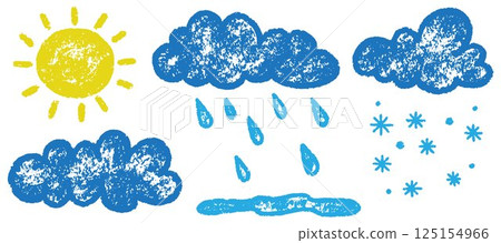 Crayon clouds and sun. Pastel textured hand drawn kid illustration. Colored pencil sketch elements on white background. Rainy sky children scribbles. Weather vector cute decoration 125154966