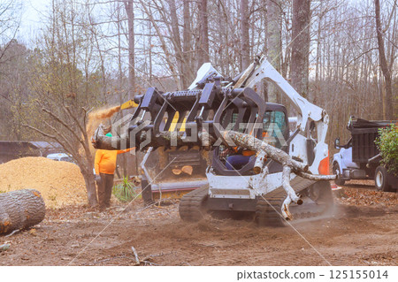 Heavy machinery efficiently removes large tree limbs following storm in wooded area in during deforestation Heavy machinery efficiently removes large tree limbs following storm in wooded area in during deforestation 125155014