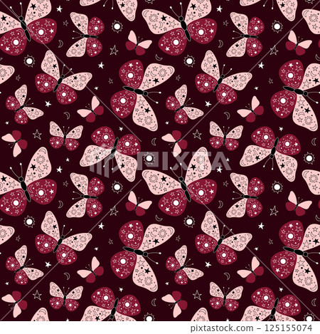 Butterflies abstract seamless pattern. Moths with doodle ornament on wings, sun, moon, stars. Illustrated whimsical insects on dark red background. Vector illustration 125155074