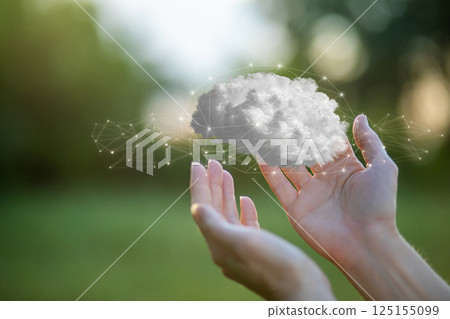 Digital cloud in the form of a brain in hands. 125155099