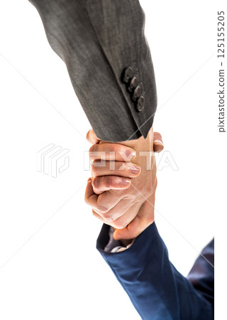Businessman and woman shaking hands 125155205