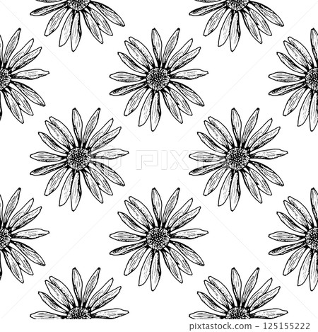 Seamless black and white floral pattern featuring hand-drawn daisy-like field flowers. Ideal for textile design, gift wrap, wallpaper, packaging, botanical stationery, and digital backgrounds. 125155222