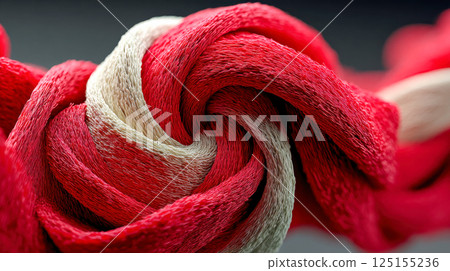 Red and cream fiber strands twisted into a textured spiral, close-up macro detail of synthetic rope or textile structure 125155236