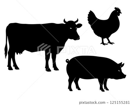 牛、豬和雞的輪廓 牛、豬和雞的輪廓 125155281