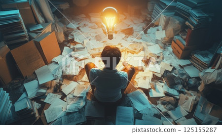 Young Thinker Amidst Chaos Illuminated by a Bright Lightbulb 125155287