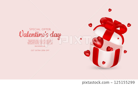 Valentines day design. Realistic gifts boxes. Open gift box full of decorative festive object. Holiday banner, web poster, flyer, stylish brochure, greeting card, cover. Romantic background 125155299