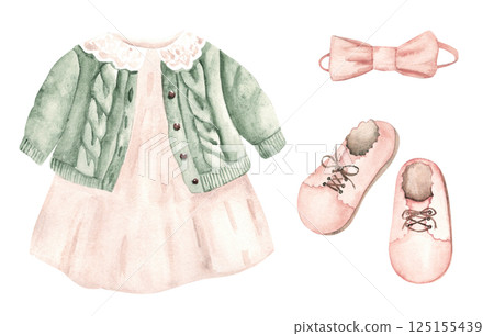 Girl warm Clothes Set. Dress and Cardigan, Hair band with Bow and pink Booties in vintage style. Watercolor hand drawn illustration. Kids cute design elements for Kid greeting or birthday cards, baby Girl warm Clothes Set. Dress and Cardigan, Hair band with Bow and pink Booties in vintage style. Watercolor hand drawn illustration. Kids cute design elements for Kid greeting or birthday cards, baby 125155439