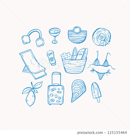 Sea life doodle hand drawn vector illustrations. Mediterranean life in blue color 125155464