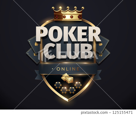 Luxury poker club emblem with a golden crown, playing cards, and dice on a dark background. Perfect for casino branding, gambling promotions, online poker platforms, and premium designs 125155471