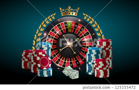 Realistic casino roulette wheel with golden crown, laurel wreath, poker chips, and dice on dark background. Luxury gambling concept for casino promotions, games, and advertisements 125155472