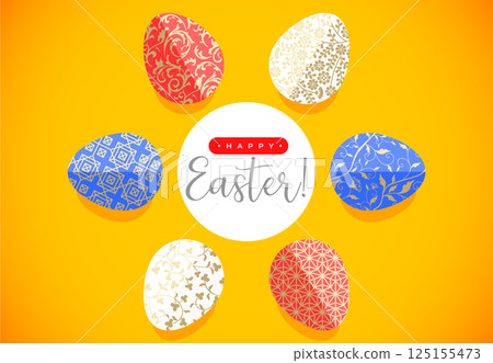 A vibrant Easter flat style illustration featuring eggs with intricate patterns arranged in a circular composition on a bright yellow background. For holiday greetings banner, festive design 125155473