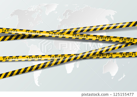 Yellow and black warning tape with word Tariffs stretched across a world map. Symbolizing global trade barriers, customs restrictions, or international economic conflict Yellow and black warning tape with word Tariffs stretched across a world map. Symbolizing global trade barriers, customs restrictions, or international economic conflict 125155477