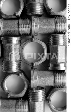 Sanitary And Water Plumbing Products. Cast Iron Fitting And Nuts For Piping Connection Texture Background 125155533