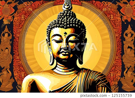 A majestic golden Buddha statue stands at the center, radiating peace and tranquility. The background features detailed designs and vibrant colors, enhancing the meditative vibe Generative AI A majestic golden Buddha statue stands at the center, radiating peace and tranquility. The background features detailed designs and vibrant colors, enhancing the meditative vibe Generative AI 125155739