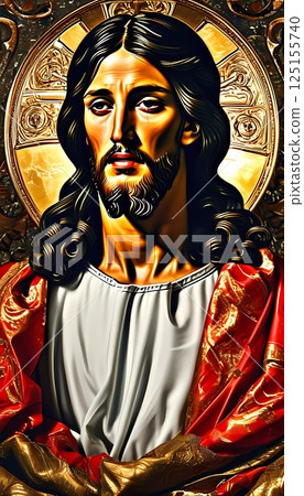 An artistic representation of Jesus Christ showcases his solemn expression, surrounded by a radiant golden halo Generative AI An artistic representation of Jesus Christ showcases his solemn expression, surrounded by a radiant golden halo Generative AI 125155740