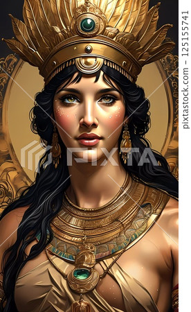 In a celestial setting, a stunning figure embodies Aphrodite, adorned with intricate golden jewelry and a crown, exuding timeless beauty and grace. Her captivating gaze enchants all Generative AI In a celestial setting, a stunning figure embodies Aphrodite, adorned with intricate golden jewelry and a crown, exuding timeless beauty and grace. Her captivating gaze enchants all Generative AI 125155741