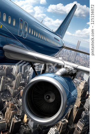 Airplane flying over cityscape with skyscrapers, close-up plane engine, travel concept 125156072