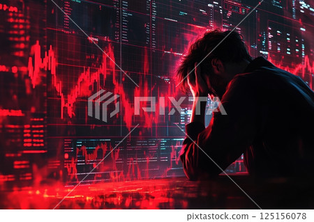 Frustrated man analyzing financial markets with red fluctuating graphs on screen 125156078