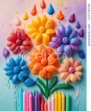 Colorful floral artwork created with paint and crayons on a bright background showcasing various flower styles Generative AI 125156190