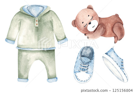 Baby Boy Set. Sweatshirt and pants, Sneakers and plush Teddy Bear Toy. Watercolor hand drawn illustration in boho style. Kids cute design elements for children greeting or birthday cards, baby shower. 125156804