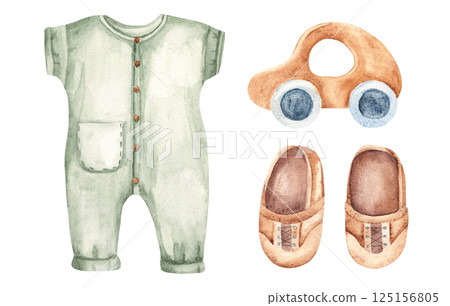 Baby Boy Set, Bodysuit or Jumpsuit, Shoes, brown leather moccasins and wooden Car Toy. Watercolor hand drawn illustration in eco style. Kids cute design elements for children greeting or birthday 125156805
