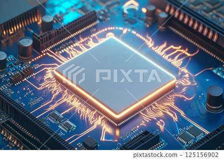 Hyperrealistic top-down macro photo of a CPU and electronic circuitry 125156902