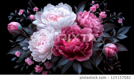 Elegant pink and white peonies with green leaves on black background 125157082