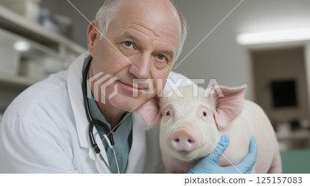 Elderly caucasian male veterinarian with piglet in clinic settin 125157083