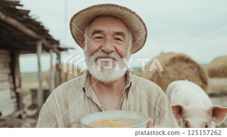Elderly caucasian man holding grain in rural farm setting 125157262