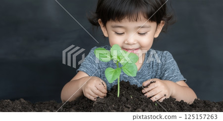 Asian child planting seedling in soil with joyful expression aga 125157263