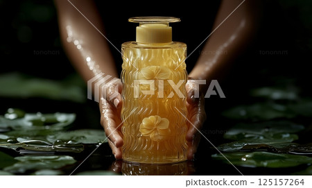 Close-up of hands holding elegant textured perfume bottle Close-up of hands holding elegant textured perfume bottle 125157264