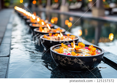 Floating Bowl Floating bowls with lit candles and flowers in... - Stock Illustration ...