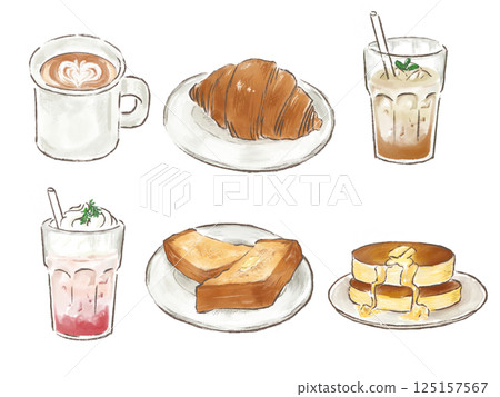 咖啡廳早餐套餐 吐司 牛角麵包 煎餅 飲品套餐 咖啡廳早餐套餐 吐司 牛角麵包 煎餅 飲品套餐 125157567