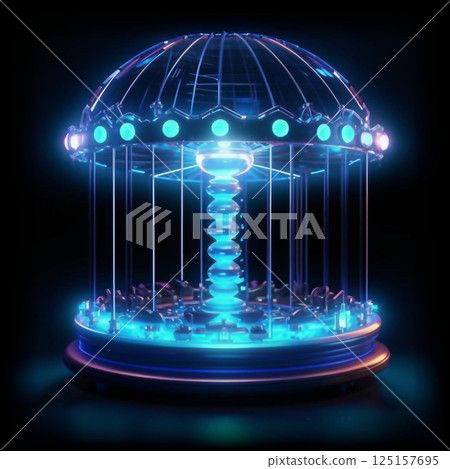 Beautiful neon desk lamp.  Creative design of neon light table lamp in the form of carousel.  AI generated. 125157695