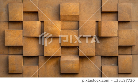 Abstract geometric wall design with layered 3d squares and textured terracotta finish. 125157720