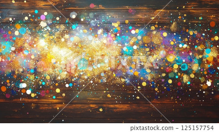 Colorful sparkling confetti on wooden background: vibrant celebration and festive decor. 125157754