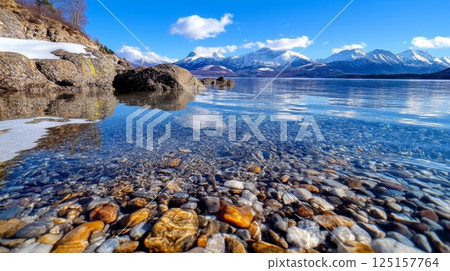 Clear mountain lake with rocky shore and snow-capped peaks under blue sky. 125157764