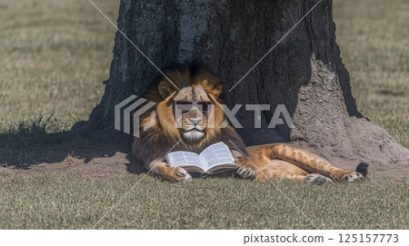 Lion wearing sunglasses relaxing under tree while reading a book. 125157773