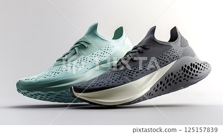 Modern breathable sneakers floating on white background 125157839