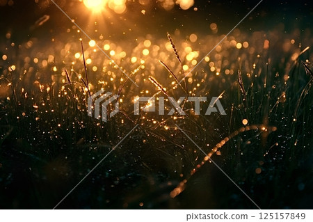 Dew drops reflecting sunlight on blades of grass at golden hour 125157849