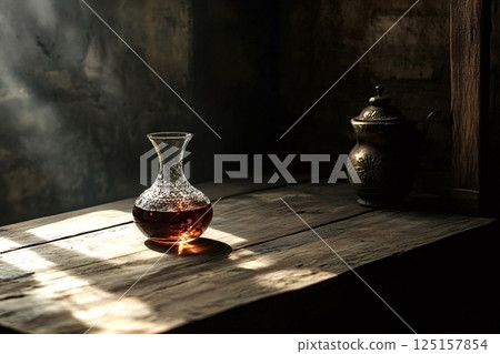 Crystal wine decanter and metal jug resting on rustic wooden table in cellar 125157854