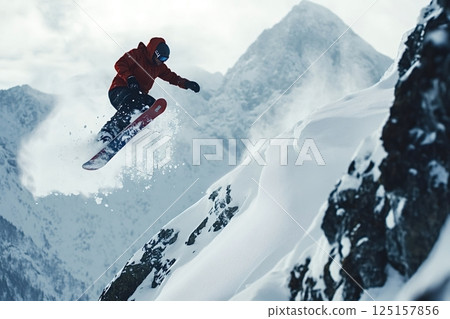 Snowboarder jumping from snowy mountain peak Snowboarder jumping from snowy mountain peak 125157856