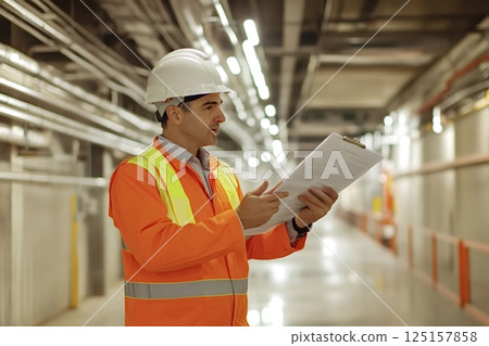 Industrial engineer reading documents and inspecting a pipeline system 125157858