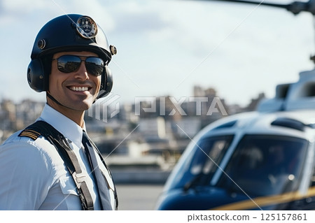 Helicopter pilot smiling wearing helmet and sunglasses on helipad 125157861