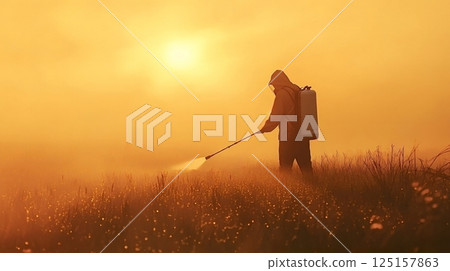 Farmer spraying pesticides at sunrise in a foggy field Farmer spraying pesticides at sunrise in a foggy field 125157863