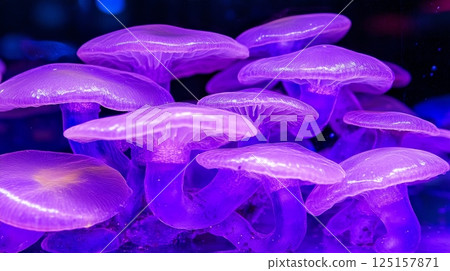 Vibrant purple jellyfish illuminated in underwater ocean scene. 125157871