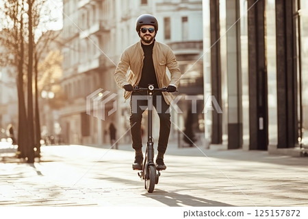 Businessman riding electric scooter in city center 125157872